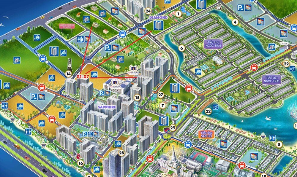 Phối cảnh vị trí và hướng nhìn của tòa S1.07 Vinhomes Ocean Park.